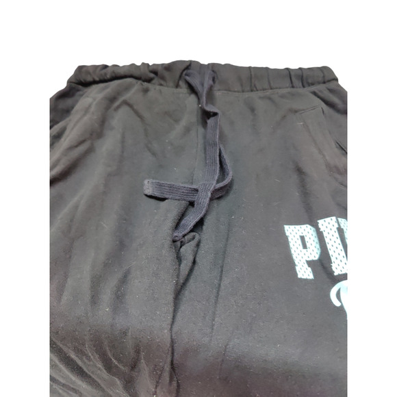 Pink Victoria Secret black sweat pants pull tie waist, light blue labeling - Picture 2 of 6